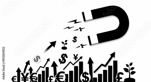 Magnet attracting currency symbols and growth charts, symbolizing financial success and investment.