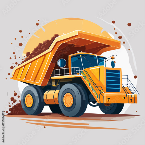 High-value vector art of a giant mining dump truck in action, heavy load motion