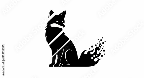 Sleek black fox silhouette with a fiery, pixelated tail against a white background