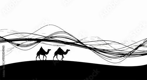 Two camels trek across a stylized desert landscape with flowing lines.