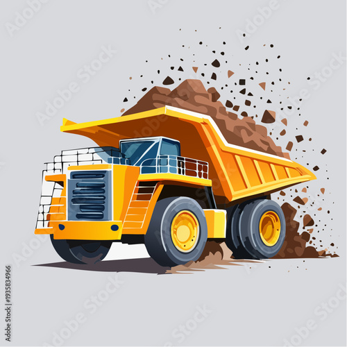 High-value vector art of a giant mining dump truck in action, heavy load motion