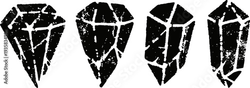 grunge diamond shape icons set vintage distressed crystal gem silhouettes with scratched texture retro design elements collection