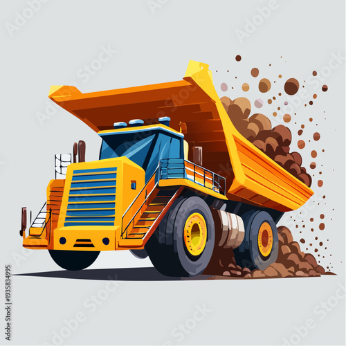 High-value vector art of a giant mining dump truck in action, heavy load motion