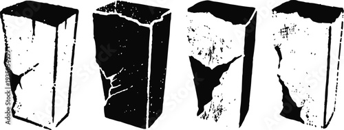 set of cracked pillar stone blocks in black and white isolated on white background