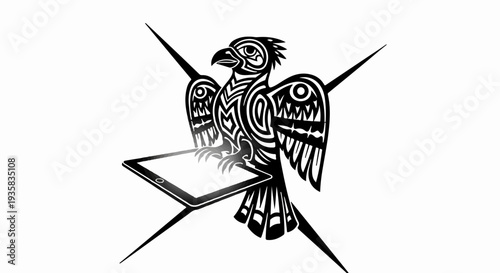 Tribal eagle symbol with tablet computer, representing technology and tradition