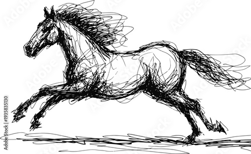 dynamic black ink sketch of a galloping horse with flowing mane and tail on white background