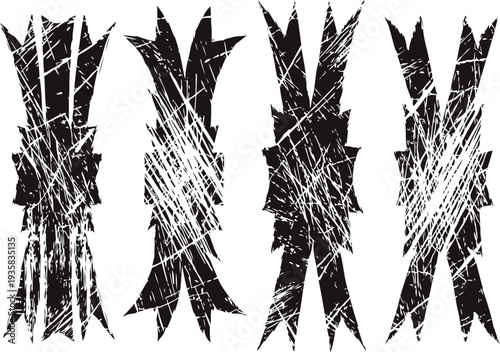 Black jagged grunge abstract shapes with scratched distressed texture isolated on white background