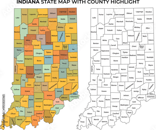 Foto Indiana state map with county highlight colorful illustration of us state with h