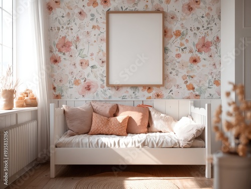 Cozy bedroom with floral wallpaper. White bed and matching headboard. Soft pillows add warmth to the scene. Empty framed artwork hangs above the bed. Natural light fills the room from a window