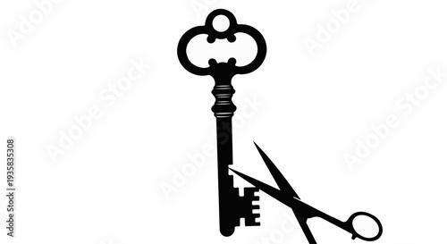 Ornate key silhouette being cut by scissors, symbolizing solutions and breaking barriers.
