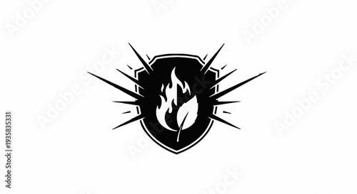 Symbol of protection for nature and sustainability, a shield with a leaf and flame inside.