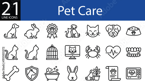 Pet care line icon set in outline style, animals, grooming, health, feeding, and veterinary care