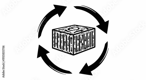 Recycling symbol surrounding a textured cube, representing circular economy and sustainability.