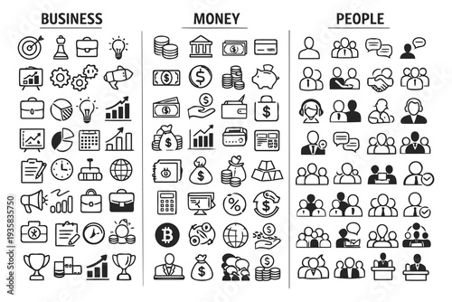 Collection of icons categorized into business, money, and people themes