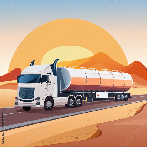 Large fuel tanker truck driving on desert highway, cinematic sunset lighting, clean vector