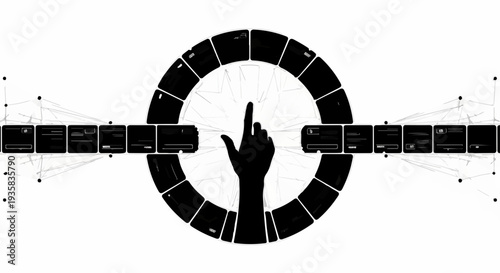 Silhouette of a hand reaching towards a futuristic circular interface with digital elements