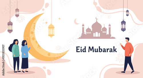 A vibrant illustration showcases a large golden crescent moon two women a walking man and a distant mosque silhouette all framed by hanging lanterns and Eid Mubarak text, Generative AI
