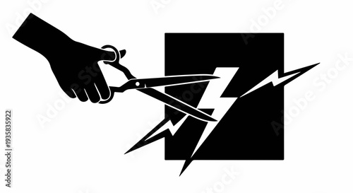 Hand cutting a lightning bolt symbol with scissors, representing energy or power disruption.
