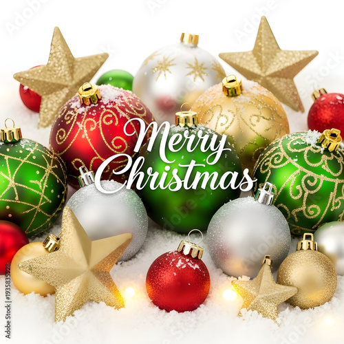 Merry Christmas festive holiday decorations with red green gold and silver ornaments and stars in snowy scene