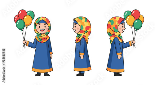 Three distinct cartoon illustrations portray a happy young girl in a blue dress and vibrant hijab holding colorful balloons depicted from various angles, Generative AI
