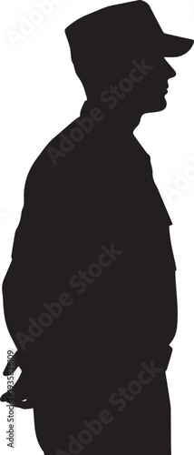 Military officer silhouette, vector line art illustration. serviceman in cap profile
