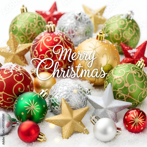 Vibrant Christmas Ornaments and Stars in Snow with Merry Christmas Greeting in White Cursive Font