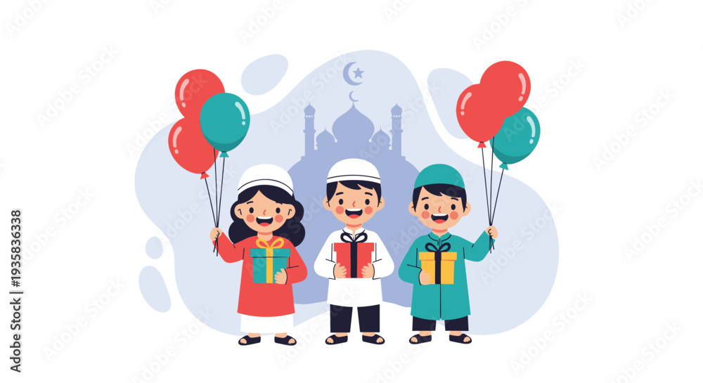 Fototapeta premium Three smiling cartoon children two boys and one girl are holding wrapped gifts and colorful balloons in front of a faint mosque silhouette, Generative AI