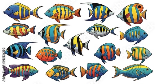 Colorful Tropical Aquarium Fish Collection Isolated on White Background