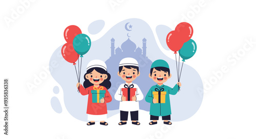 Three smiling cartoon children two boys and one girl are holding wrapped gifts and colorful balloons in front of a faint mosque silhouette, Generative AI