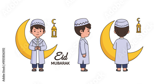 Three identical cartoon boys wearing light blue thobes and white kufis stand in prayer poses beside a large golden crescent moon and a single hanging lantern, Generative AI