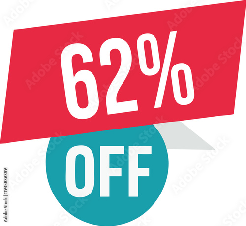 62% off promotion vector illustration, modern discount banner design, special sale offer label, colorful price tag sticker, isolated on white background, editable and scalable graphic