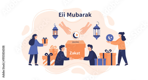 Cartoon people are shown giving and receiving gift boxes and donating to a Zakat box surrounded by lanterns and crescent moons against a background of wavy abstract shapes, Generative AI