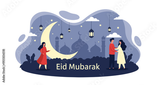 Two stylized figures a woman and a couple stand beneath a large crescent moon and hanging lanterns against a dark blue mosque silhouette and abstract cloudy sky, Generative AI