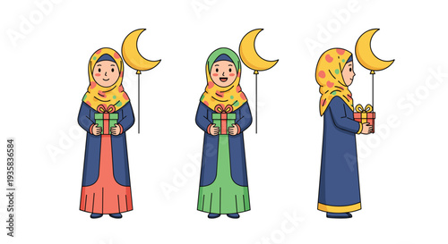 Three charming cartoon girls dressed in colorful hijabs and long gowns are depicted holding festive gift boxes and crescent moon balloons on a pristine white surface, Generative AI