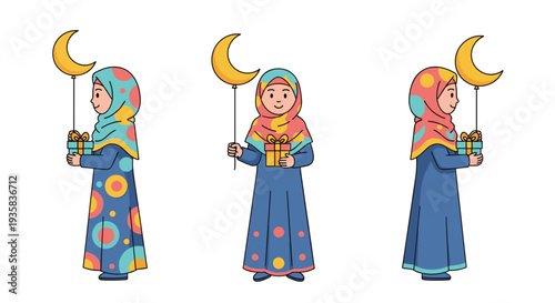 Three identical cartoon illustrations of a cheerful girl in a hijab and blue polka-dot dress each holding a wrapped gift and a golden crescent moon balloon, Generative AI