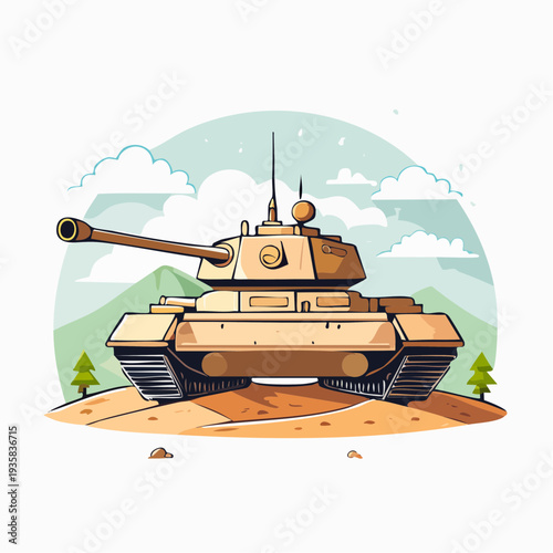 Massive military tank in rugged terrain, sharp vector contouring, dust cloud elements