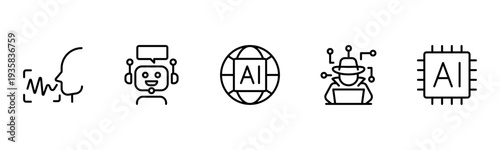 Artificial intelligence set of web icons in line style. AI technology icons for web and mobile apps. Machine learning, algorithm, smart robotics, cloud computing network Vector illustration