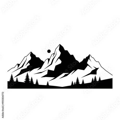 Mountain Range Silhouette and Pine Forest Landscape
