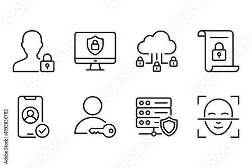 Cyber security and access icons: user lock, computer shield, cloud locks, document lock, face scan