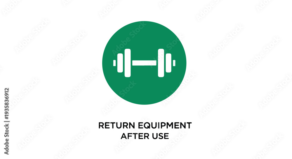 Fototapeta premium Sign with a green circle and white dumbbell icon indicating to return equipment after use on a clean white background