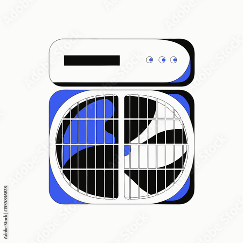 A blue and white fan with a digital display on top