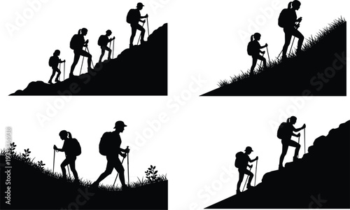 Hikers climbing mountain silhouette vector set, backpackers trekking uphill with poles on trail, outdoor adventure hiking landscape illustration collection