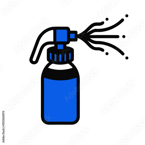 A blue spray bottle with black nozzle spraying liquid