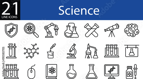 Science line icon set in outline style, DNA research, lab equipment, molecules, astronomy, and biology