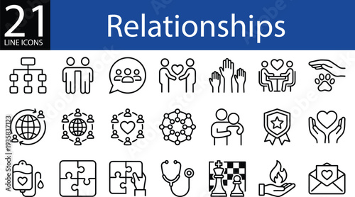 Relationships line icon set in minimalist style, family bonds, friendship, teamwork, love, and care