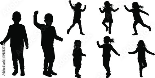Silhouette of energetic children jumping, dancing, and playing outdoors, joyful active kids movement, playful childhood moments