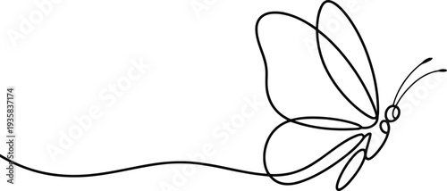 An elegant butterfly takes flight in this flowing single continuous black line drawing on white