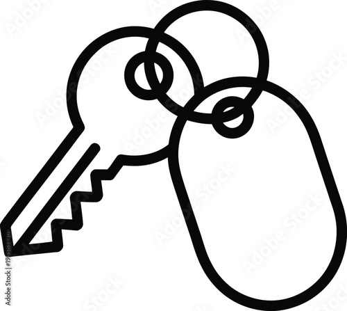 A black and white drawing of a key and a dog tag