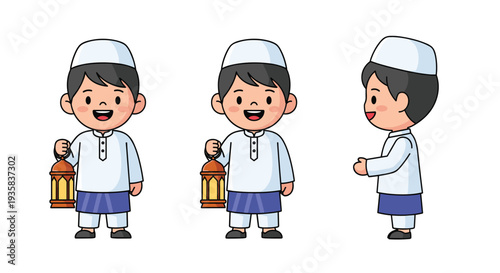 Three identical cartoon boys dressed in white thobes and kufi hats are depicted holding a golden lantern in various poses against a plain white background, Generative AI
