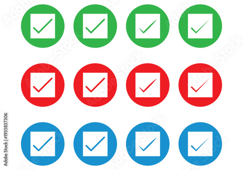 Circular checkmark icon set for user interface, green red and blue tick marks